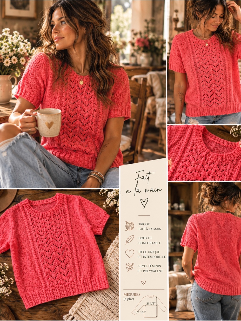 Handmade Coral Pink Knit Sweater – Crochet Sleeve Top – Boho Chic